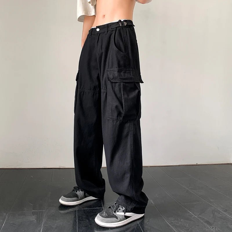 Hearujoy American High Street Big Pocket Overalls Casual Pants Men and Women High Waist Slim Hip Hop Streetwear Pants