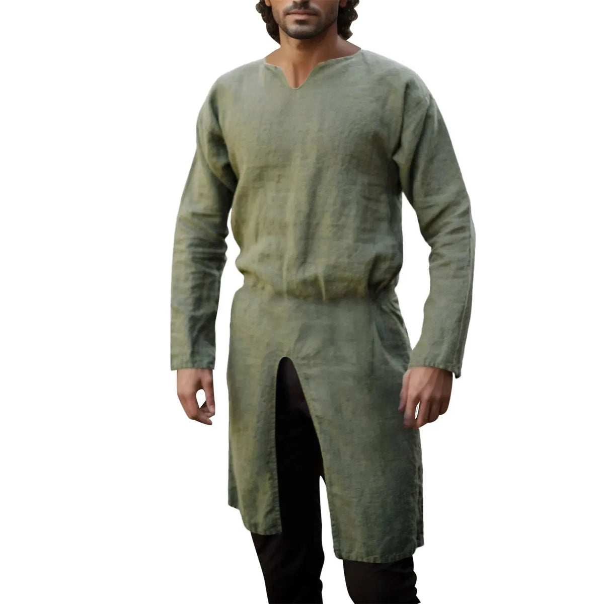 HEARUJOY  -  Streetwear Long Sleeve Tshirt For Men European Medieval Knight Top Vintage Loose V-neck Split Long Gown Pullover