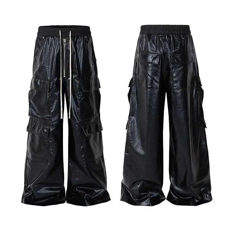 Hearujoy Glossy Black Pu Leather Pants for Men High Street Y2k Pantalones Hombre Baggy Overall Wide Leg Drawstring Cargo Pants