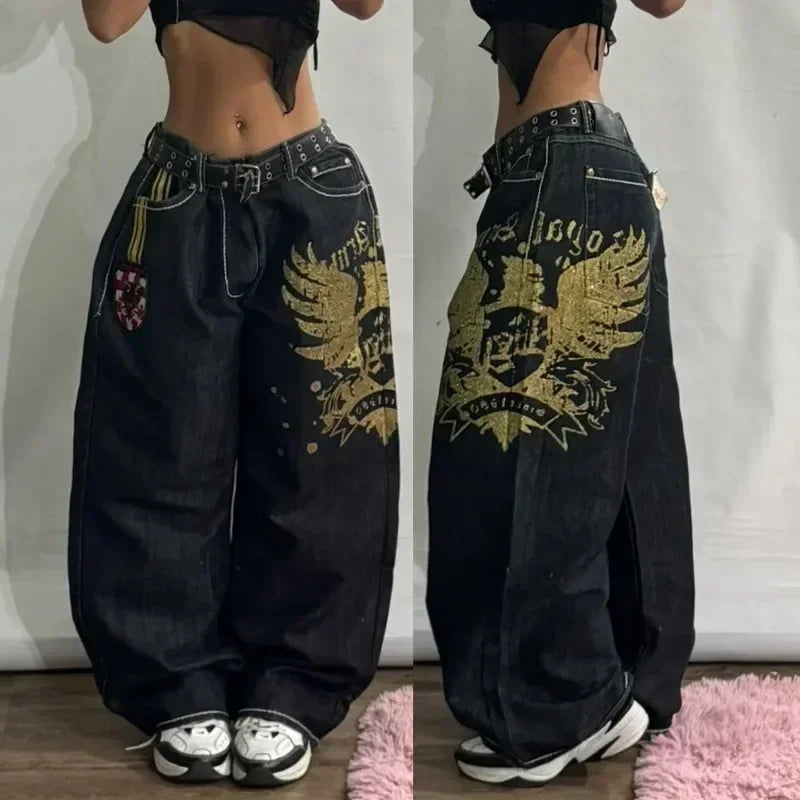 Hearujoy Y2K High Street Vintage Printed Pattern Jeans American Classic Wings Texture Jeans Couple Fashion Gothic Harajuku Wide Leg Pants