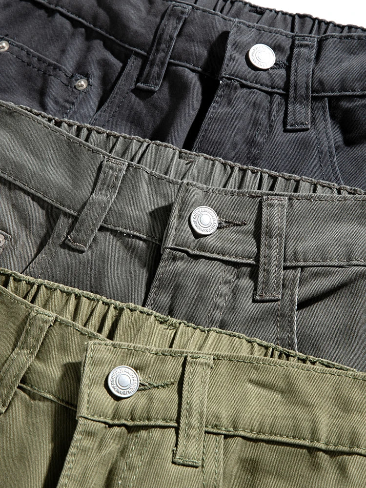 HEARUJOY  -  Korean Style Men’s Casual Pants for Spring Summer 100% Cotton Elastic Waist Solid Color Wide Leg Slacks Loose Straight Trousers