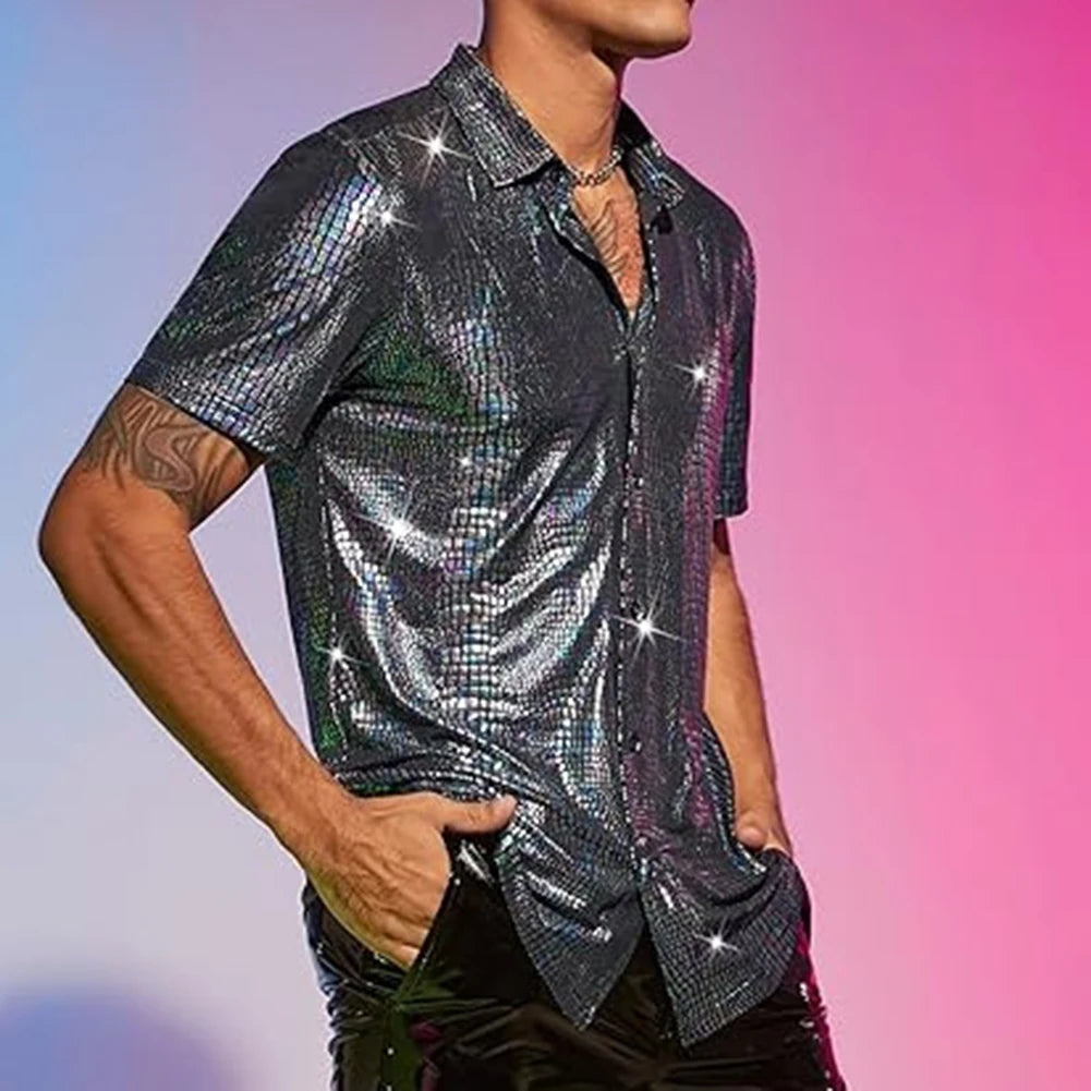 HEARUJOY  -  Male Tops Men Shirt Fashionable Regular Turn-down Collar Disco Stage Shirt Shiny Party Performance Short Sleeve