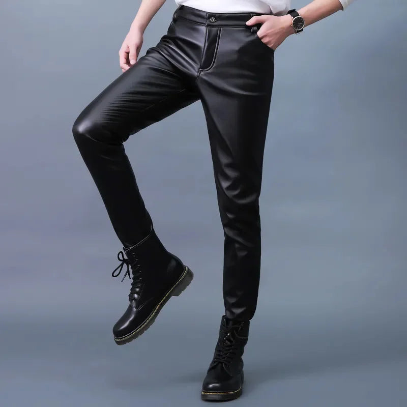 Hearujoy Men Leather Pants Slim PU Leather Trousers Fashion Elastic Motorcycle Leather Pants Waterproof Oil-Proof Male Bottoms Oversized