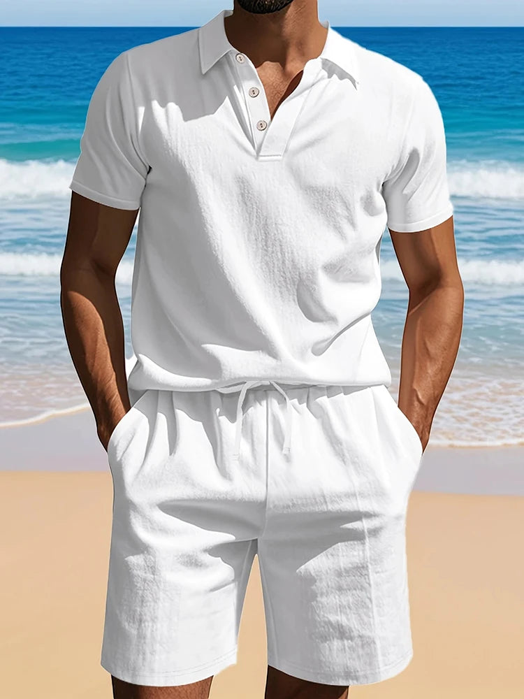 HEARUJOY  -  Summer Daily Casual Men's Two Pieces Sets Fashion Lapel Button Polo Shirt And Shorts Mens Outfits Leisure Linen Loose Suits