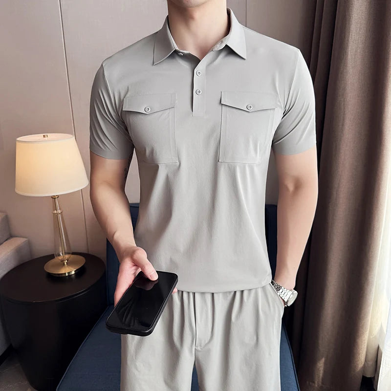 HEARUJOY  -  (Polo Shirt + Shorts) Plain Color Man Sets High Quality Breathable Elastic Short Sleeve Polos T Shirt And Knee Length Shorts Men