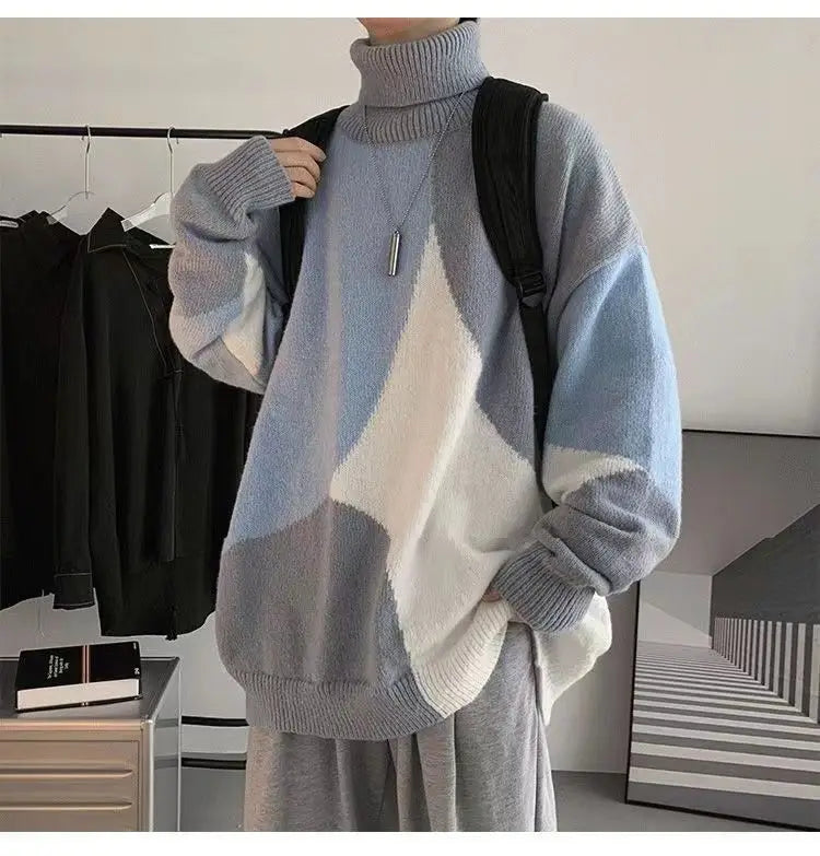 Hearujoy Autumn Winter Men's Cool Boy Casual Loose Tess Knitted Patchwork Plaid  Pullover Sweater Soft  Warm Retro