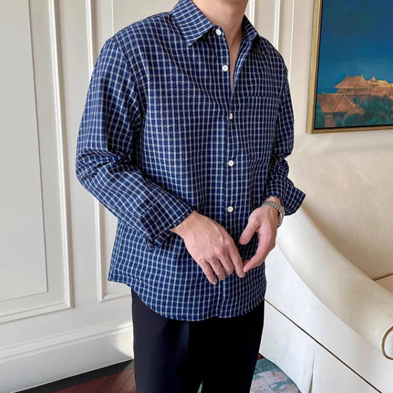HEARUJOY  - New American Retro Men Shirts Light Luxury Textured Lapel Plaid Long Sleeve Cardigan Leisure Trendy Premium Check Blouse M-2XL