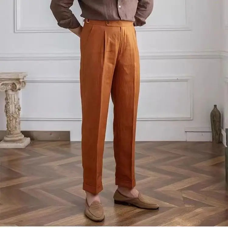 HEARUJOY  -  100% Linen Italian Naples Pants Men High Waist Straight  Suit Trousers Spring Summer Fashion Lightweight Breathable Casual Pants