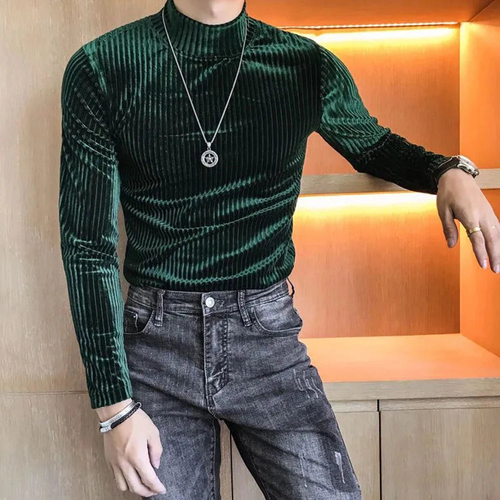 Hearujoy Velvet Turtleneck T-Shirt 2024 Spring Fall Slim Striped Casual Tops Men Long Sleeve Tight Tee Shirts Club Costume Camiseta Homme