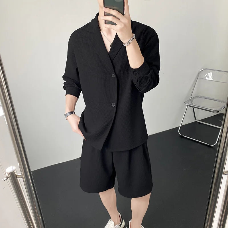 Hearujoy Summer Black/White Sets Men Fashion Long-sleeved Shirt Shorts Two-piece Men Korean Casual Loose Plaid Sets Mens Suit M-2XL