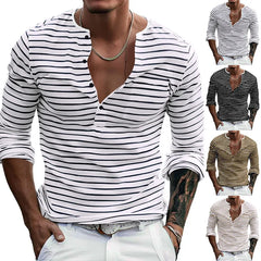 HEARUJOY  -  Men's Spring and Autumn Long Sleeve V-neck Button-down T-shirt Slim-fit Henley Shirt Horizontal Striped Top