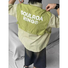HEARUJOY  -  Fake Two Pieces Summer New Men's Turn-down Collar Button Spliced Pockets Striped Letter Shirt Short Sleeve Trendy Loose Tops