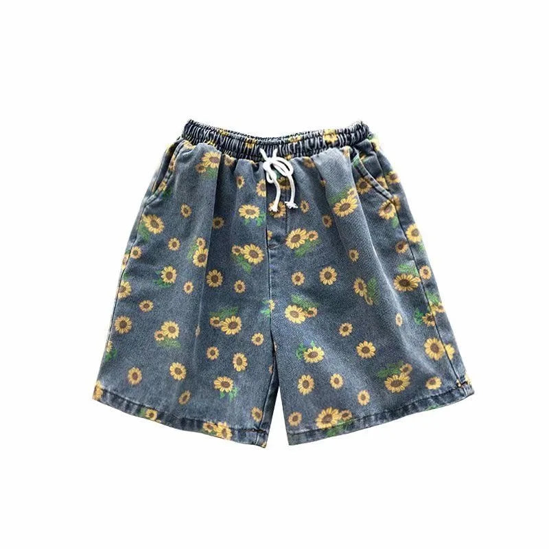 Hearujoy Summer Denim Shorts Men Fashion Drawstring Retro Flower Shorts Men Streetwear Hip-hop Loose Print Denim Shorts Mens Beach Shorts