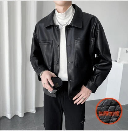 Hearujoy 2024 Men's Loose Pu Leather Jackets Casual Handsome Leather Coats Black/Brown High Quality  Popular Outerwear M-2