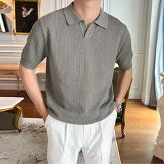 HEARUJOY  -  New Fashion Business Tops Men's Polo Shirt Light Luxury Leisure Knitted V Neck T-shirts for Man Korean Popular Short Sleeve Tees