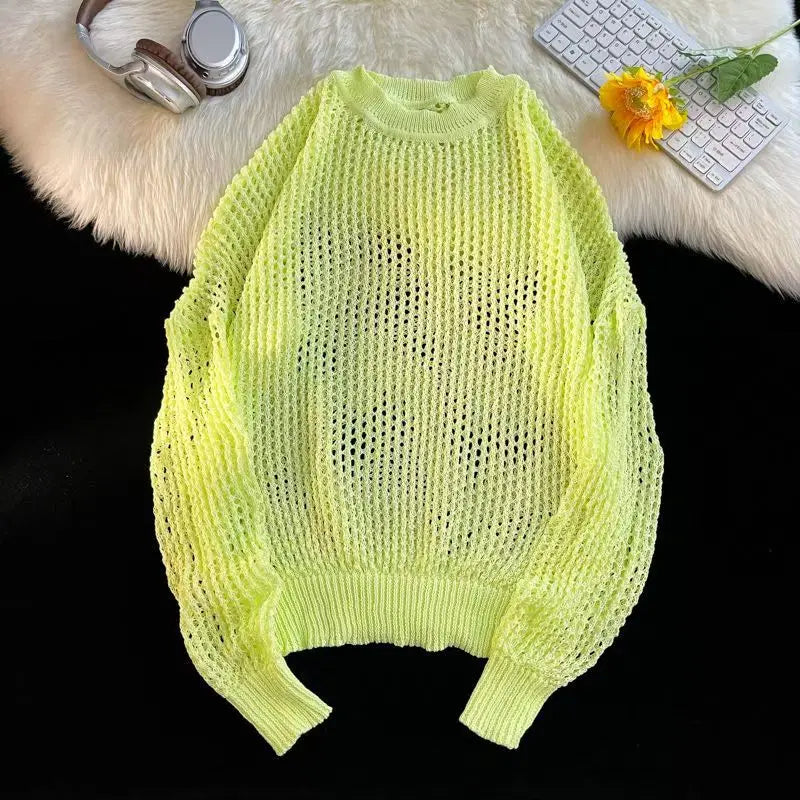 HEARUJOY  -  Hollow Hole Men Women knitted Tshirts High Street Fashion Loose Long Sleeved Top Autumn Sexy Mesh Knit Sweater Pullover Unisex