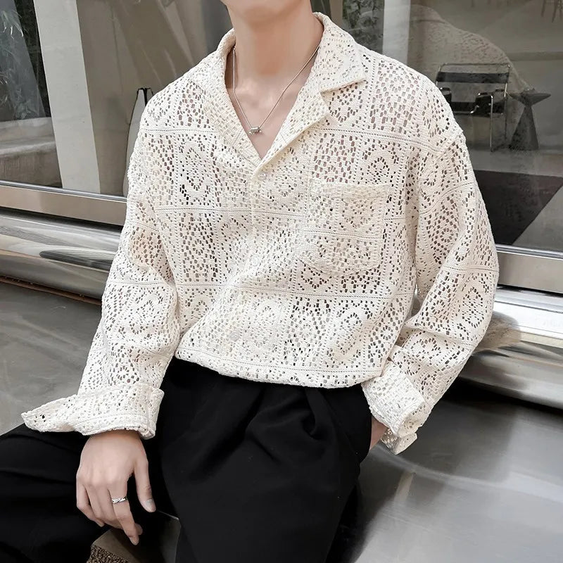 HEARUJOY  -  New Chic Men Hollow Out Cardigan Tops Light Luxury Korean Style Long Sleeve Shirts Casual Retro Solid Color Button-down Blouse