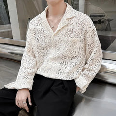 HEARUJOY  -  New Chic Men Hollow Out Cardigan Tops Light Luxury Korean Style Long Sleeve Shirts Casual Retro Solid Color Button-down Blouse