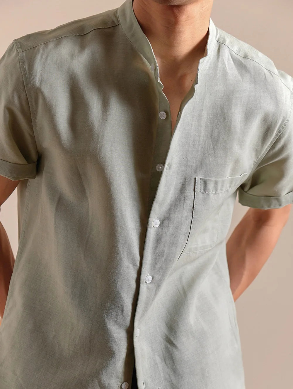 HEARUJOY  -  Natural Linen Cotton Blend Stand Up Collar Shirt Top Quality Men's Short Sleeved Casual Loose Thin Breathable Shirt 3 Colors