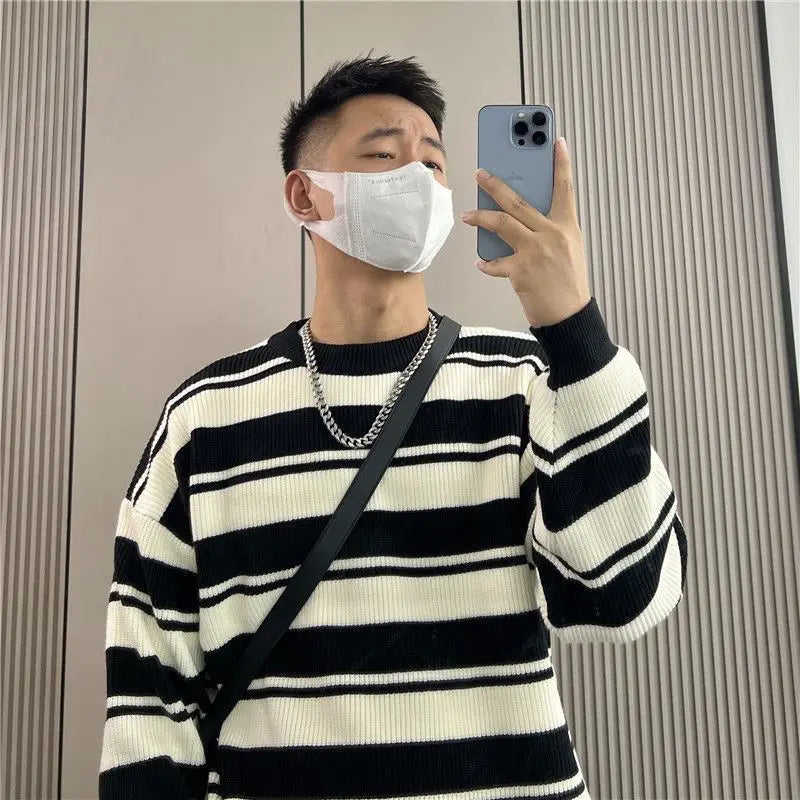 HEARUJOY  -  Retro Striped Men's Loose New Trendy Round Neck Sweater