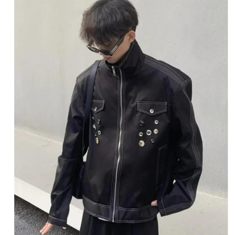 HEARUJOY  -  Spring Retro Irregular Button Mens Jacket Shoulder Pad Design Trend High Street Coats Motorcycle Fashion Stand Collar Outwear
