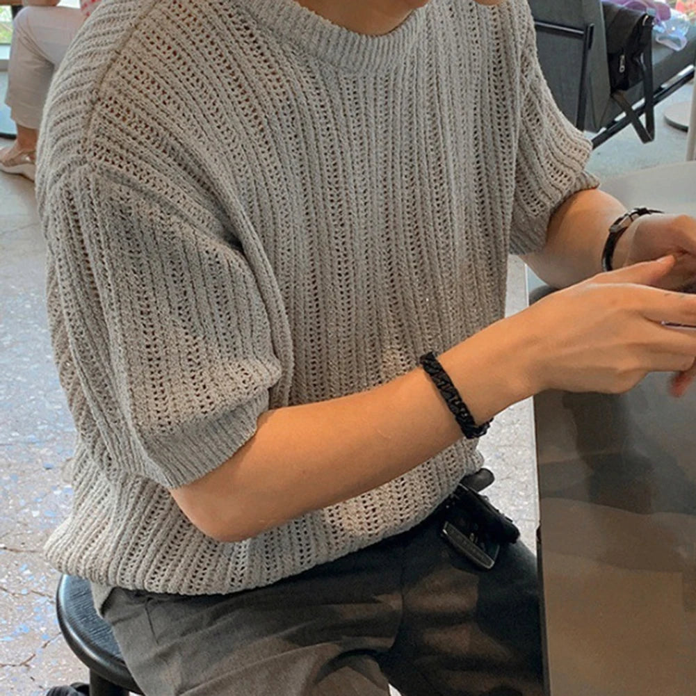 HEARUJOY  -  Fashion Knitted T-shirt For Men Top Tshirt Loose Fit Knitted Top Regular Length Garment Slight Stretch Material