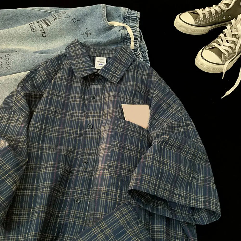 HEARUJOY  -  Couple Summer Tops Loose Short Sleeve Shirt Daily Casual Wear Plaid Pattern Shirt Vacation Outfits For Daily Wear