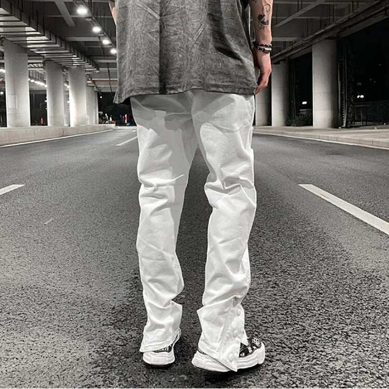 Hearujoy Mens Hole Ripped White Ankle Zipper Button Jeans Pants Straight Pockets Solid Color High Street Retro Loose Denim Trousers