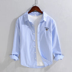 HEARUJOY  -  Men's Cotton Long Sleeve Shirt Spring Summer Casual Bear Embroidered Striped Long-sleeved Square Collar Breathable Shirts Man