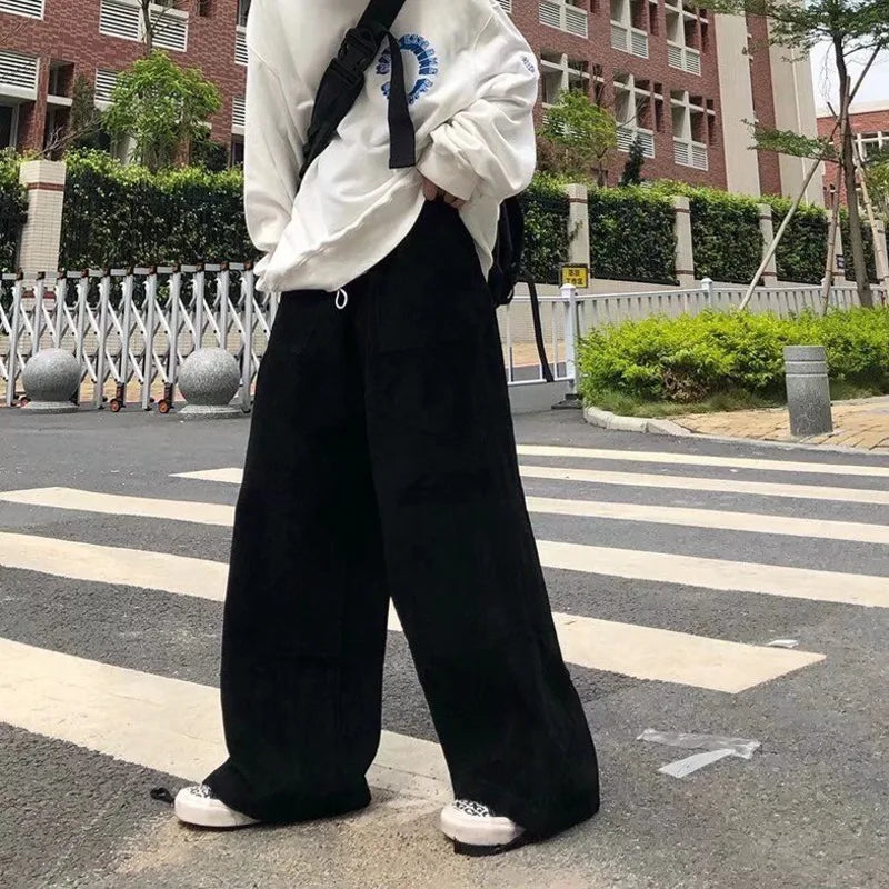 Hearujoy Brown Black Corduroy Pants Men Fashion Retro Oversized Casual Pants Men Streetwear Loose Hip-hop Wide-leg Pants Mens Trousers