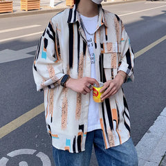 HEARUJOY  -  Summer Short Sleeved Shirt Men Fashion Printed Casual Shirt Men Streetwear Hip-hop Loose Striped Shirt Mens Hawaiian Shirts