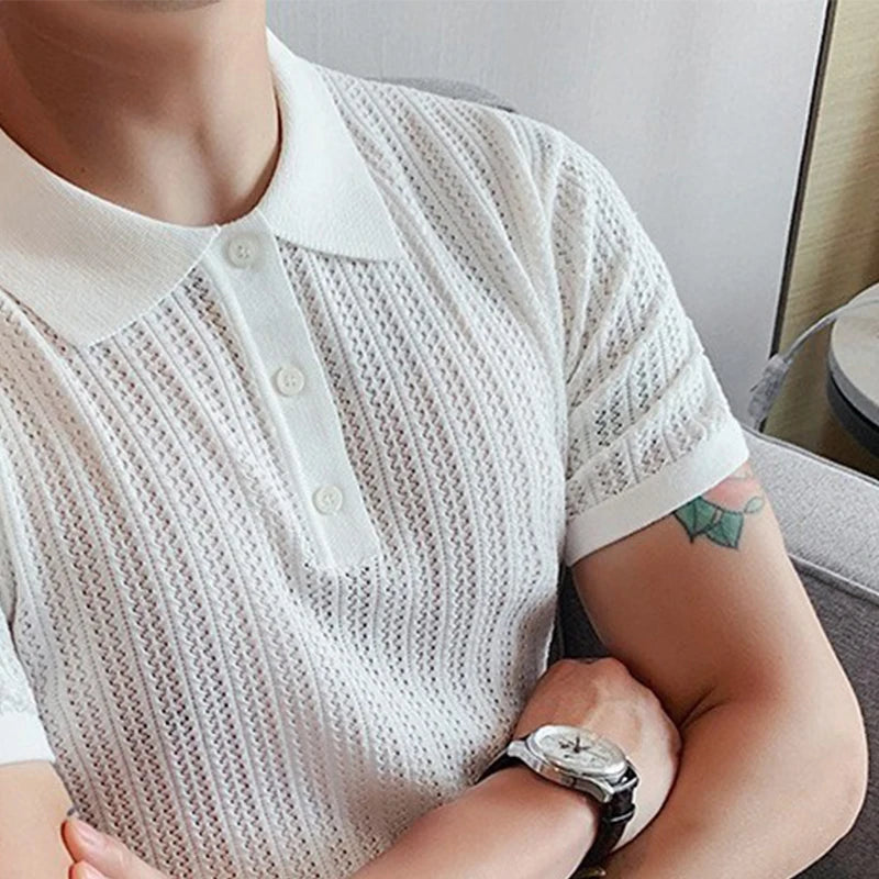 HEARUJOY  -  Summer Men's Clothing Luxury Hollow Out Knitted Polo Shirt Retro Solid Color Short-sleeved Korean Popular Knitwear Leisure Tees