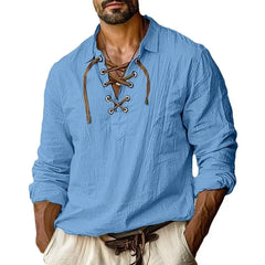 HEARUJOY  -  Men's Spring and Autumn Lapel Rope Cotton Linen Shirt Solid Color Long Sleeve Youth Breathable Casual Shirt
