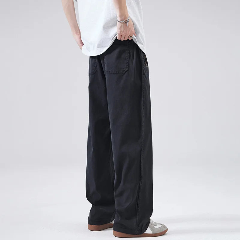 HEARUJOY  -  Men's Summer Casual Pants Men Trendy Loose Fit Versatile Wide Leg Draped Straight Long Trsouers Elastic Waist