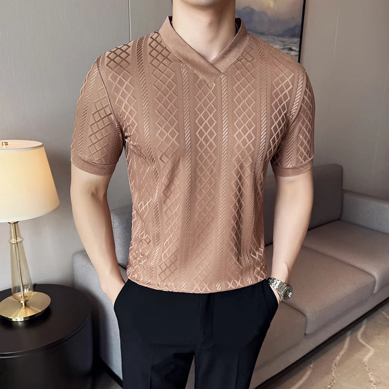 HEARUJOY  -  Men's Slim V-Neck Spring Summer Stretch Knit Top  Geometric Texture, Breathable Layering Base for Casual & Smart-Casual Outfits
