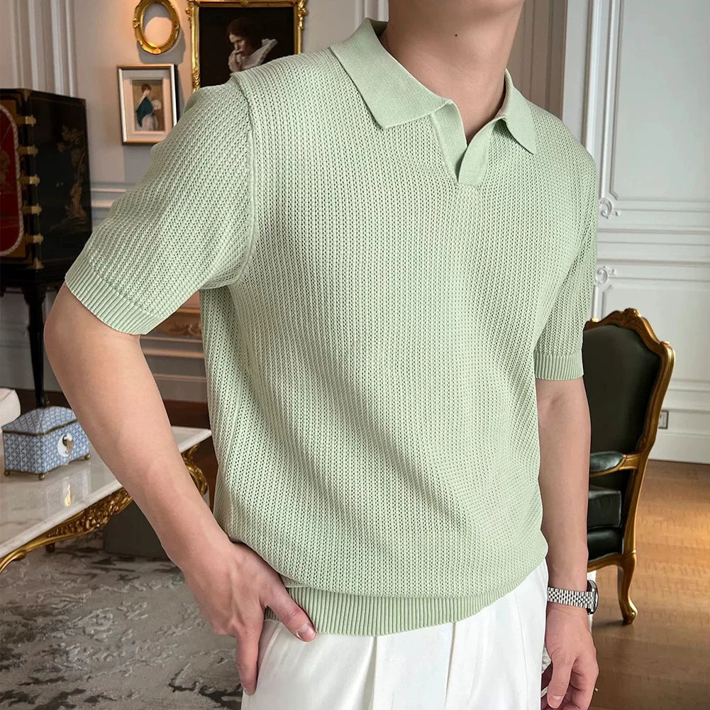 HEARUJOY  -  Casual Outings Short Sleeve Knitted Top Loose Fit Short Sleeve Top Fashion Male Clothing Slight Stretch Fabric