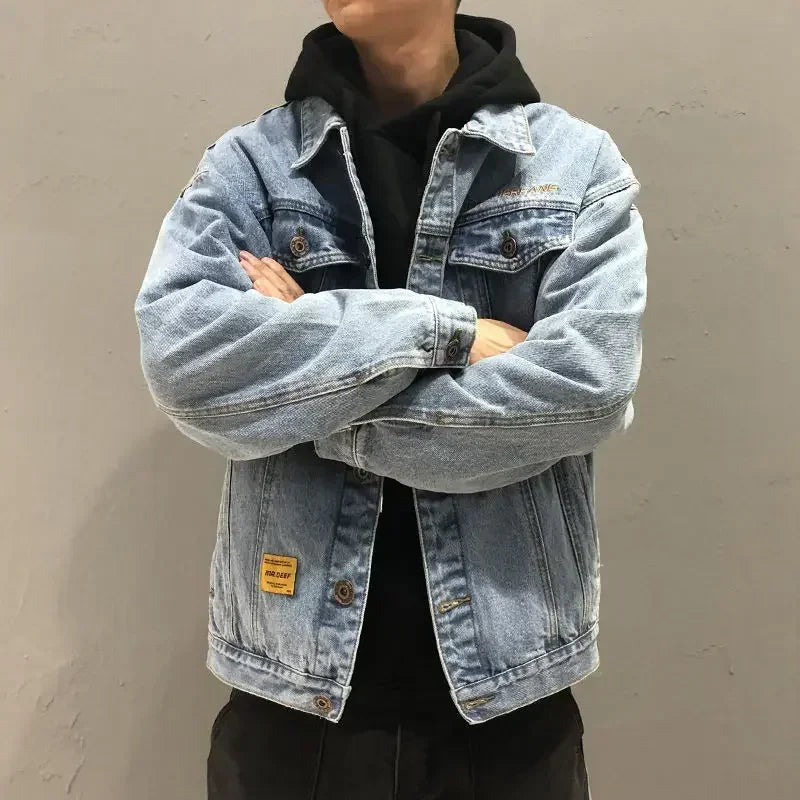 HEARUJOY  -  Black Padding with Embroidery Jeans Coat for Men Warm Wool Sheep Denim Jackets Man Padded Blue Washed Worn One Piece G Casual