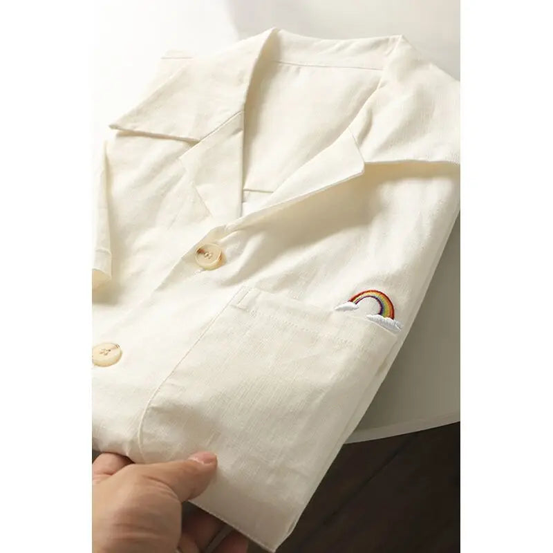 HEARUJOY  -  Japanese Linen Tops Summer Korean Style Men's Embroidered Loose Casual Cuban Collar Short-sleeved Shirt Aesthetic Academy Chic