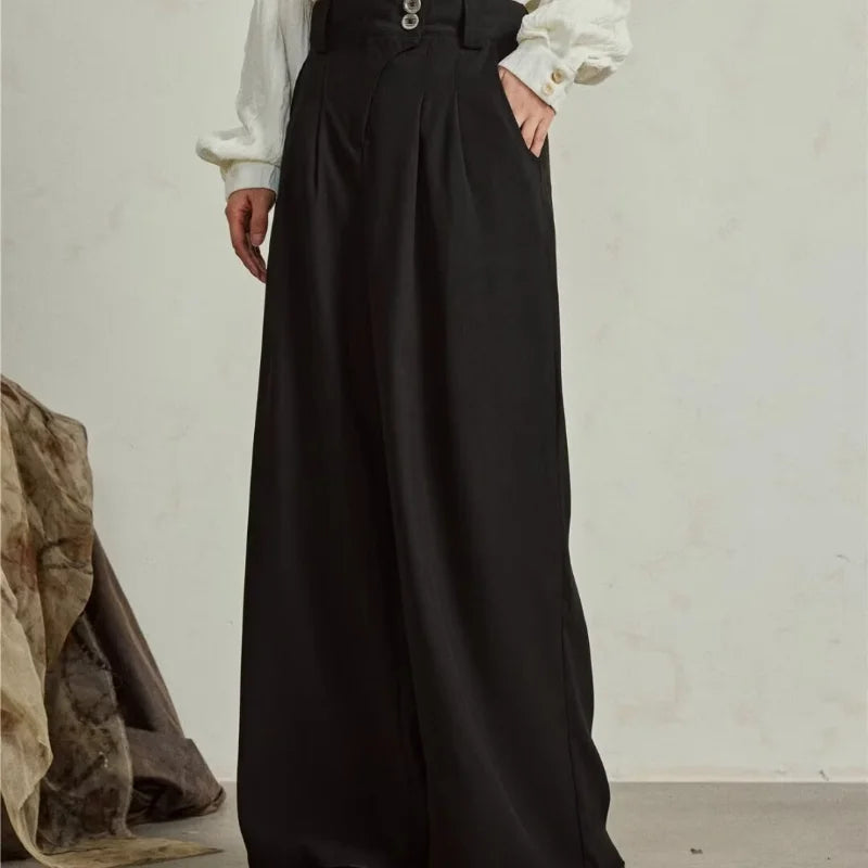 HEARUJOY  -  Mens Wide Leg Pants Retro Simplicity High Waisted Fashion Straight Leg Suit Trousers Button Trend Solid Pantalones Thin