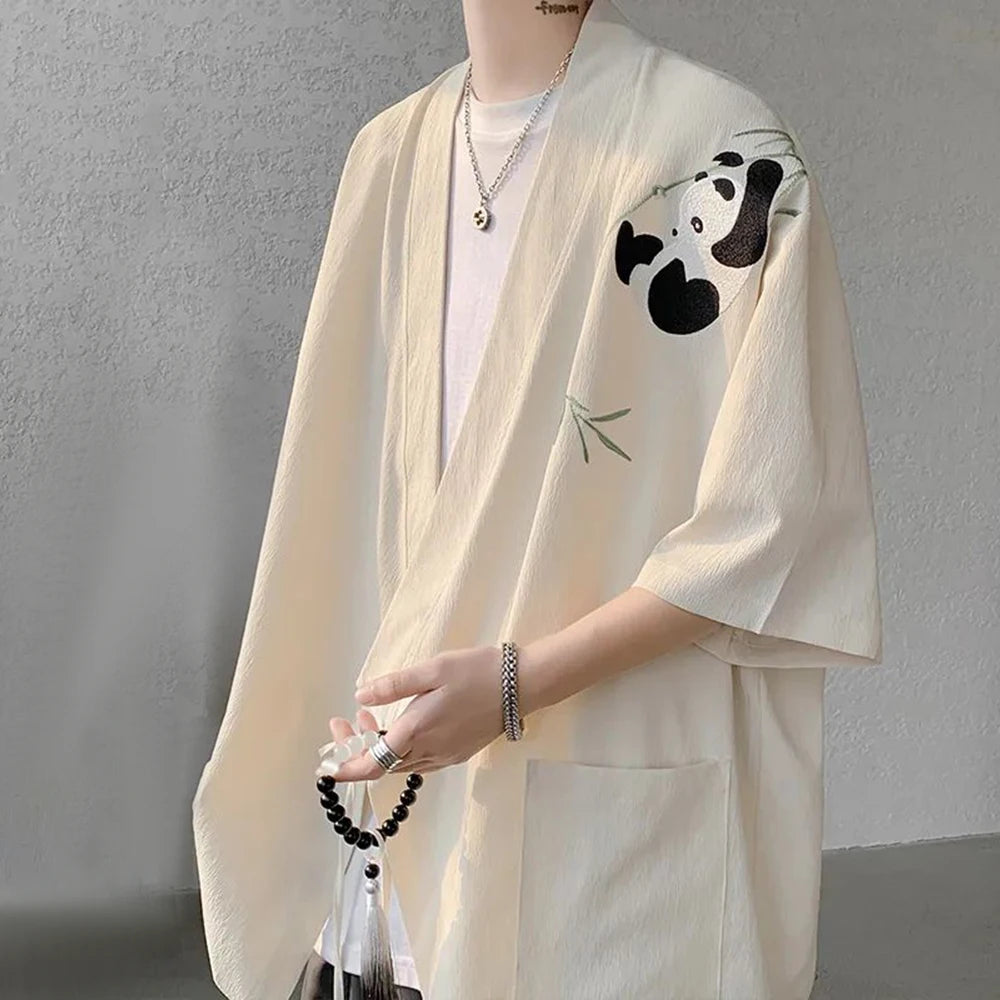 Hearujoy Mens Panda Embroidered Chinese Style Short Sleeve Cloak Genderless 2024 New Fashion Temperament Versatile Trend Jacket Unisex