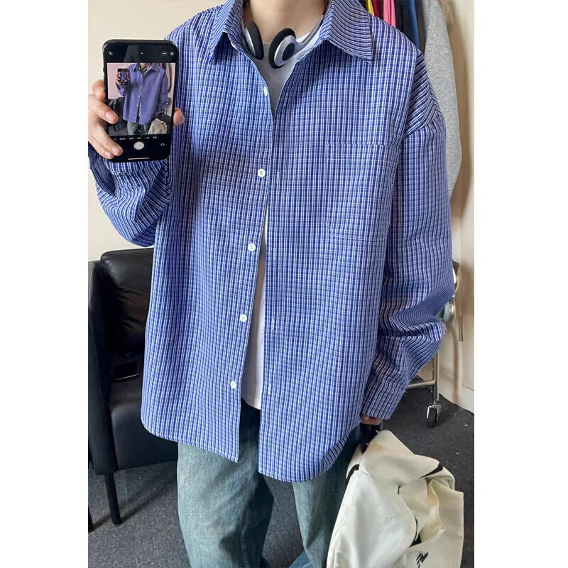 HEARUJOY  -  Long Sleeved Shirt Men Oversized Casual Plaid Shirt Men Streetwear Korean Loose Blue Casual Shirt Mens Shirts Plus Size 5XL