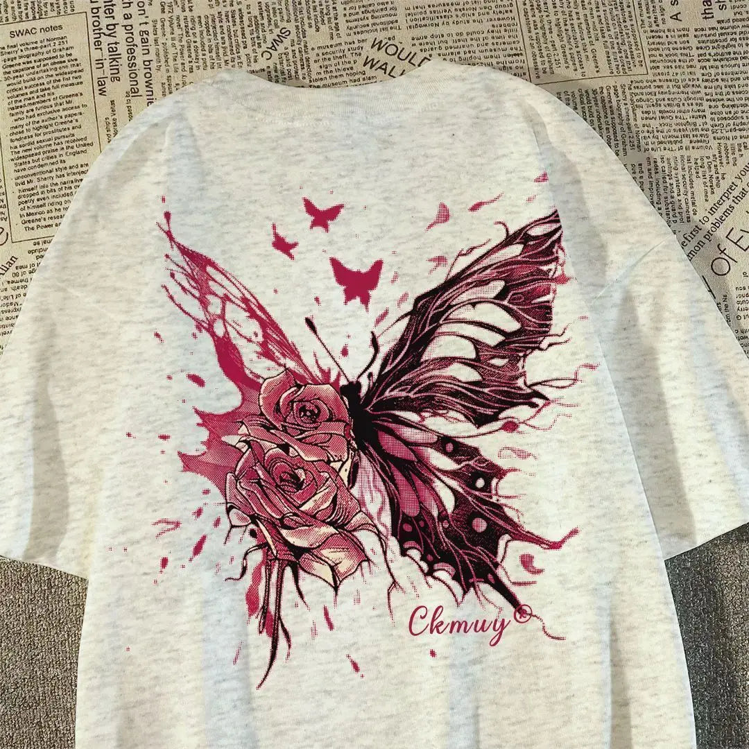 HEARUJOY  -  Trendy Brand Butterfly Design Printed Short-sleeved T-shirt Men's Hip-hop High Street Top
