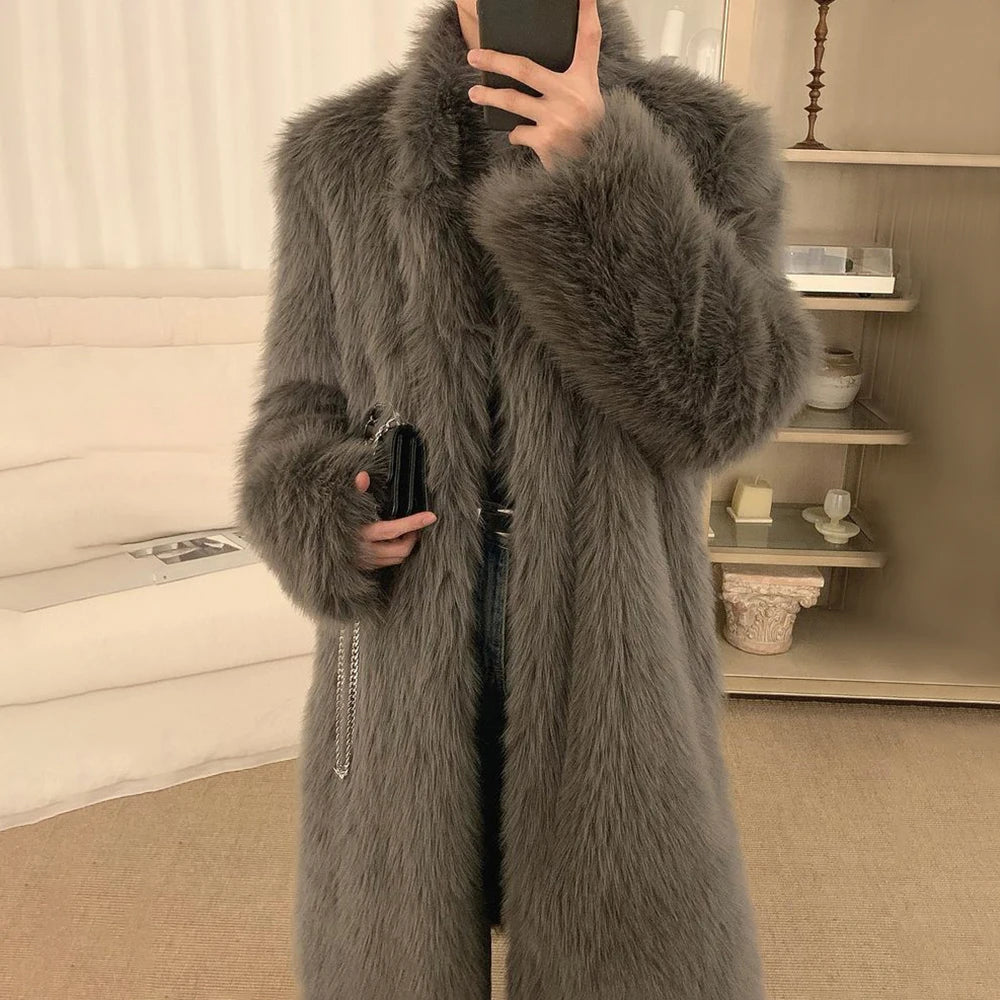 Hearujoy Imitation Fox Fur Coat For Men 2024 New Autumn Winter Warm Thickened Long Fashion Elegant Solid Simple Loose Stand-Up Coat