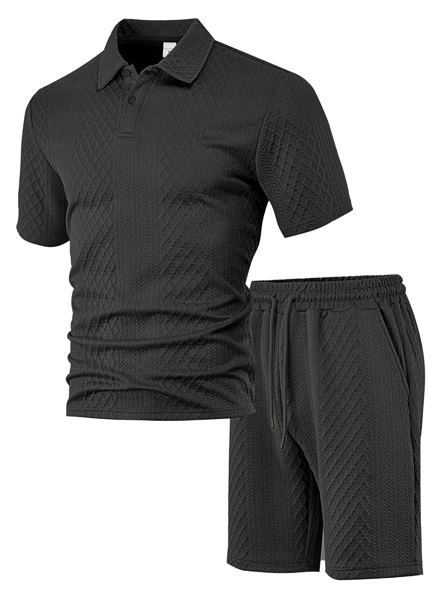 HEARUJOY  -  Men's Summer New Jacquard Casual Sport Thin Lapel POLO Shirt Short-sleeved and Short-shorts Set