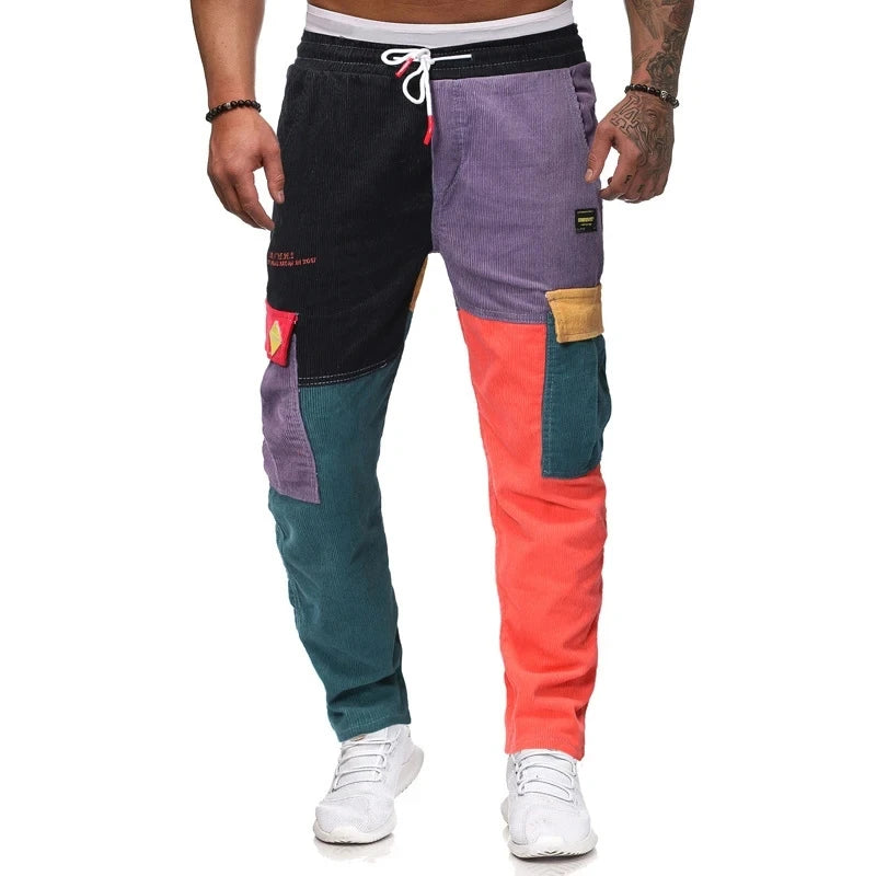 HEARUJOY  -  Contrast Color Patchwork Corduroy Pants Men Oversized Loose casual Pencil Pants Hip Hop Trendy  Fashion Trousers Streetwear