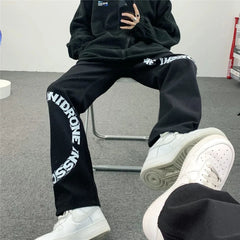 HEARUJOY  -  Men's Spring Autumn New Style Trendy Splicing Printed Pocket Fashion Versatile Loose Straight Tube Minimalist Casual Jeans
