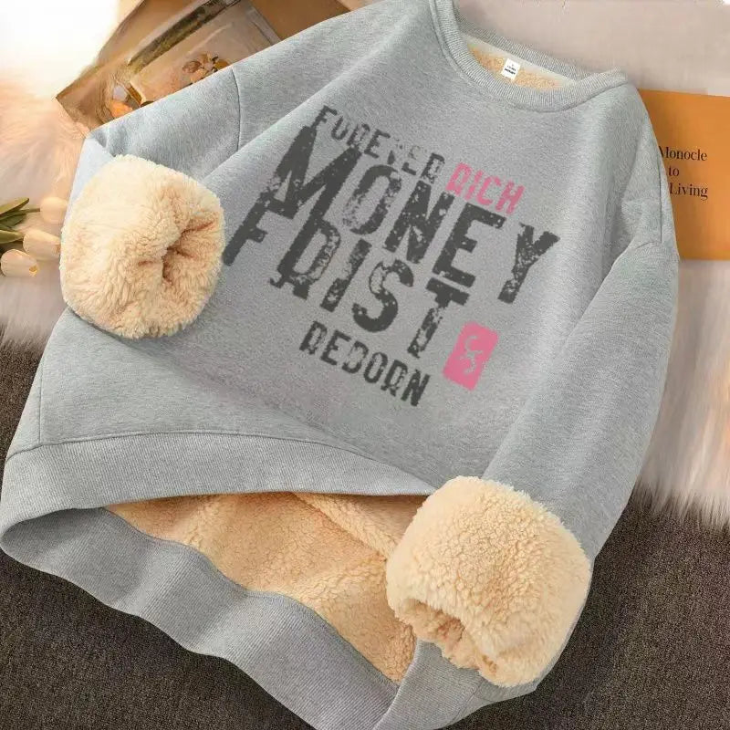 Hearujoy Lamb Fleece Plus Fleece Hoodie Round Neck Top Loose New Warm Couple Outfit Trendy