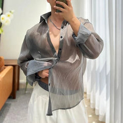 Hearujoy New Trendy Brand Semi Permeable Thin Shirt Light Luxury Men's Casual Long Sleeve Shirts Summer Loose Neutral Blouse Streetwear