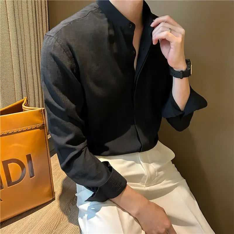 HEARUJOY  -  Long-sleeved Stand-collar Pleated Shirt Men's Summer Seaside Vacation Style Casual and Versatile Solid Color Spring Autumn Shirt