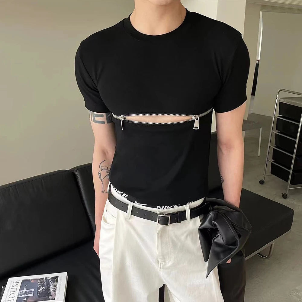 Hearujoy 2024 Men T Shirt Zipper Solid Color O-neck Short Sleeve Fashion Men Crop Tops Summer Streetwear Casual Camisetas Navy Navel Tees